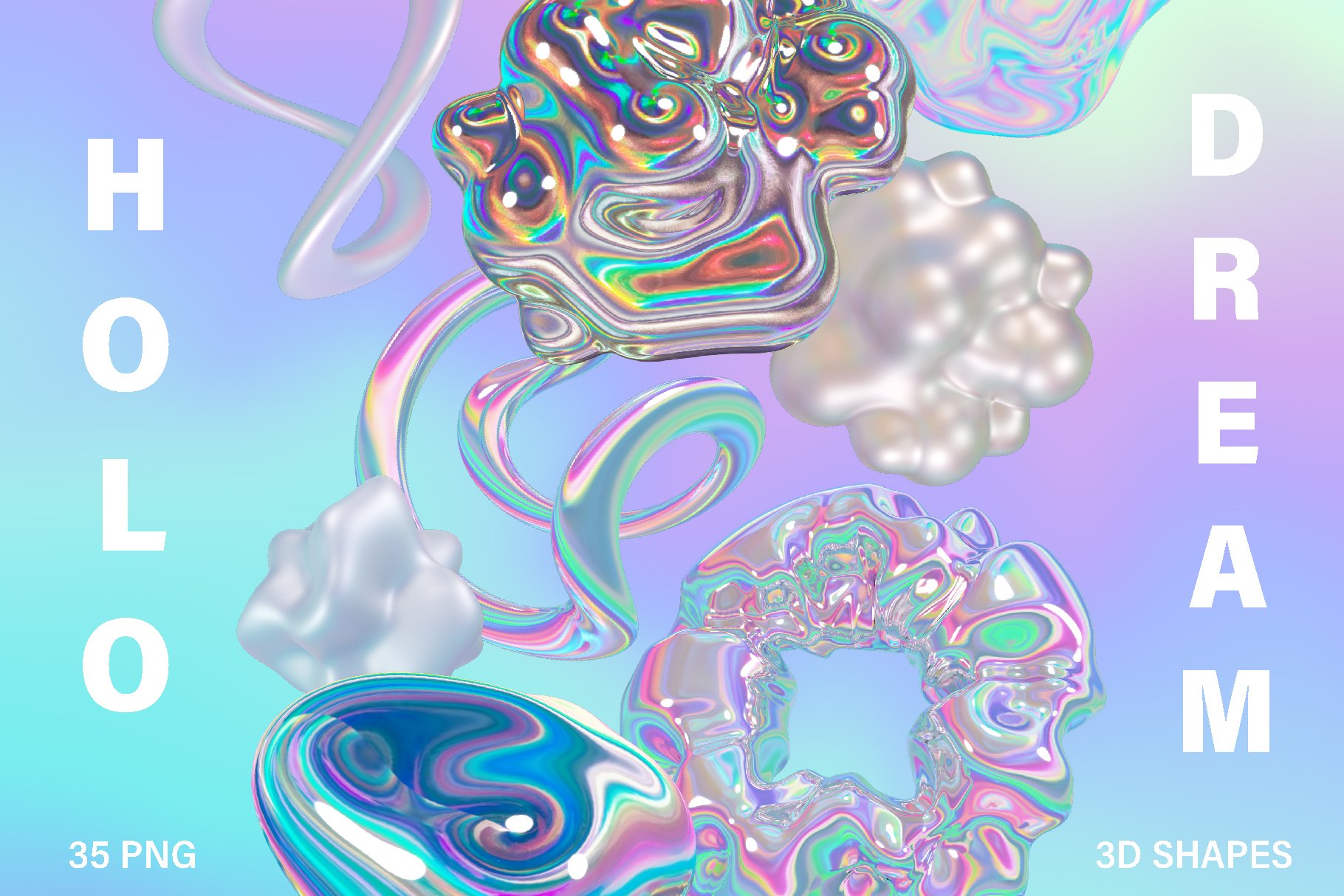 35款全息迷幻酸性虹彩3D形状抽象艺术PNG设计图形 Holo Iridescence 3D Shapes graphics